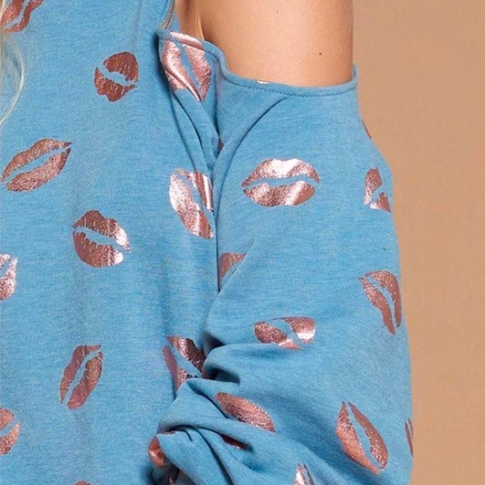 METALLIC FOIL LIP PRINT Knit One Shoulder Top NEW - Picture 6 of 8